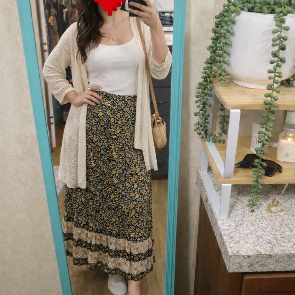 Women’s Black Floral Maxi Skirt with Mustard Accents - Picture 2 of 4